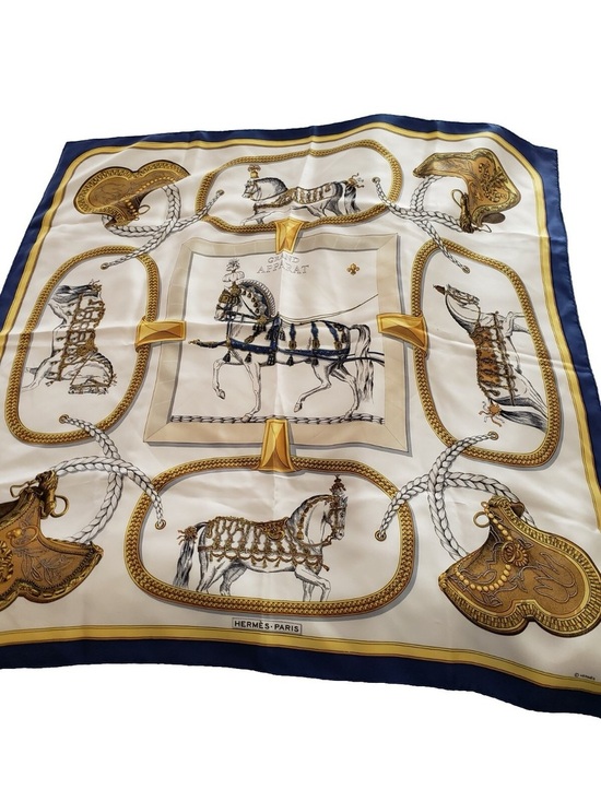 Hermes Accessories - Hermes Grand Apparat Silk Scarf in White, Gold & Navy